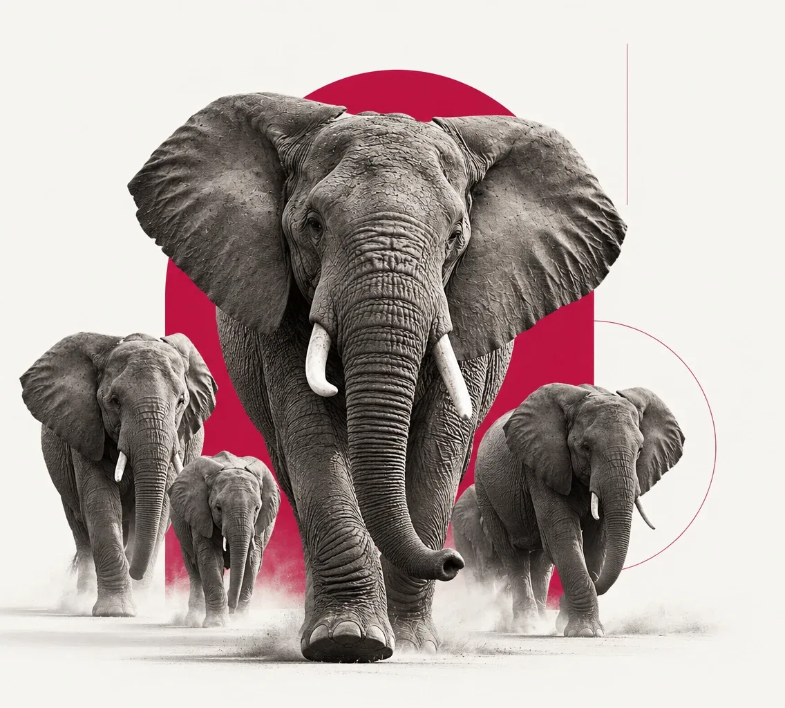 Herd of elephants moving forward in front of a red arch, symbol of FFX Digital