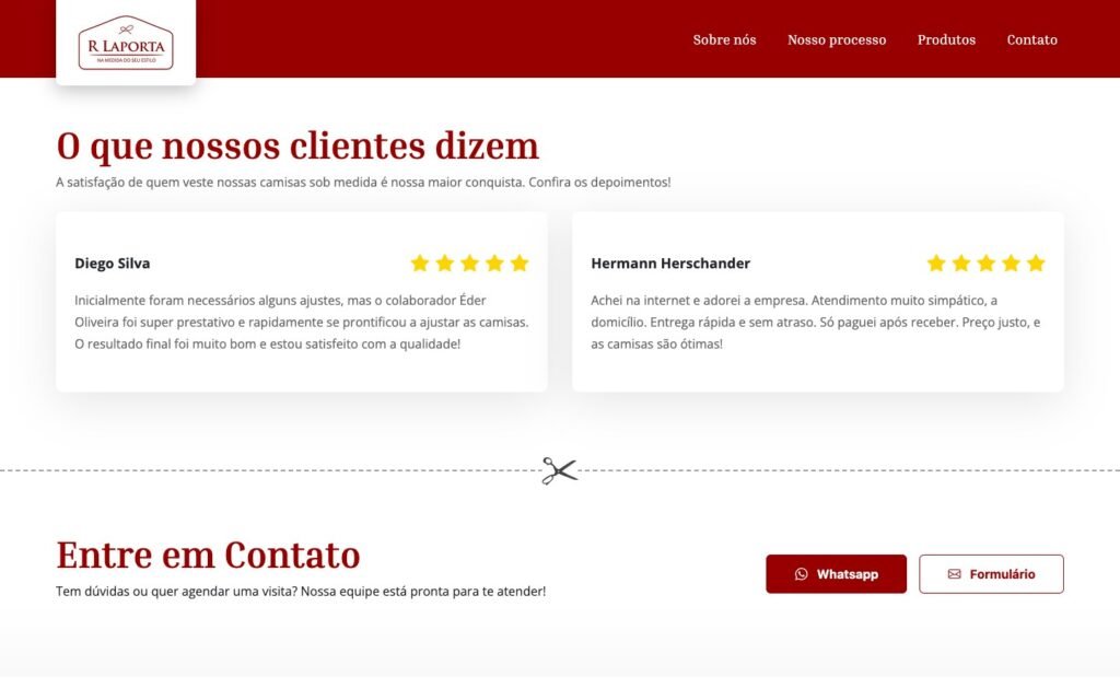 Camisaria R Laporta — Customer testimonials and call to contact