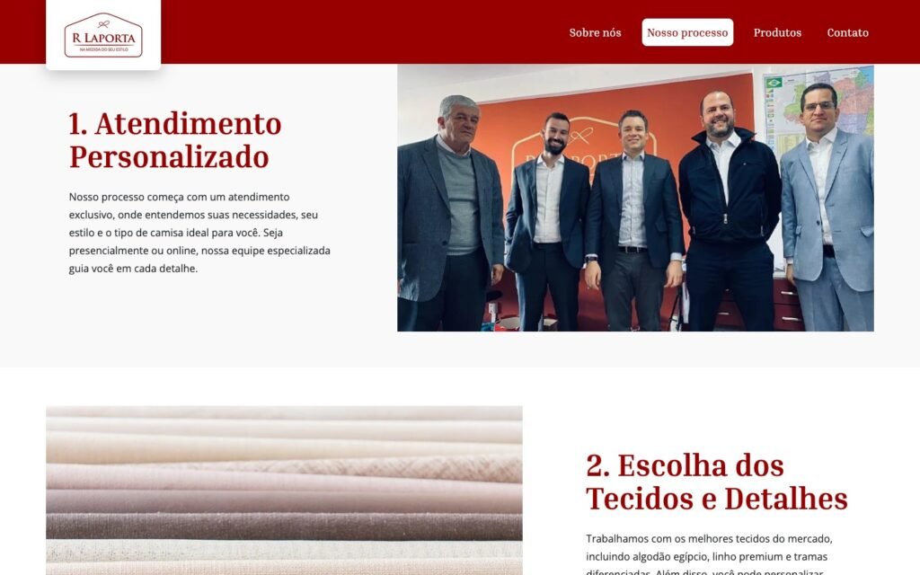 Camisaria R Laporta — Our Process page, with the tailoring steps