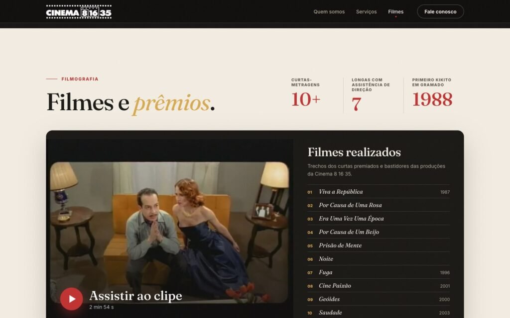 Cinema 8 16 35 — Films and Awards section, with a clip player