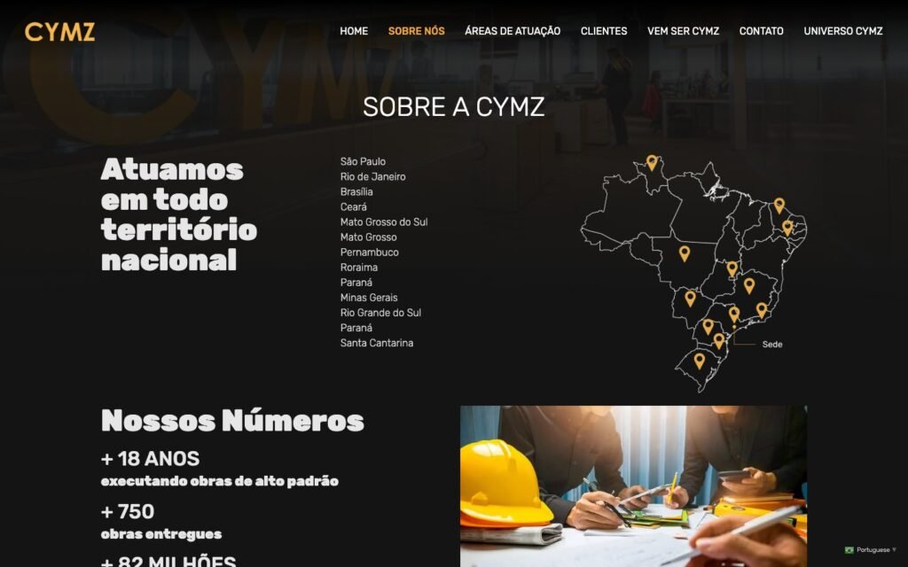 CYMZ Construções — About CYMZ page, with the nationwide operations map