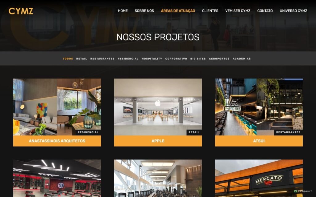 CYMZ Construções — Our Projects page, with an industry filter