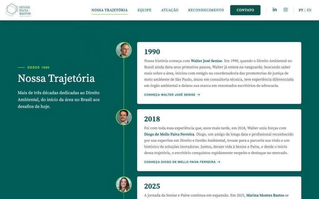 Senise Paiva Bastos — Our History section, with a timeline