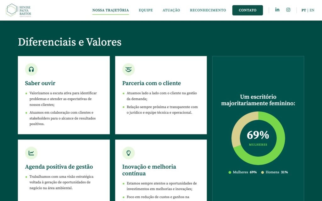 Senise Paiva Bastos — Differentiators and Values section